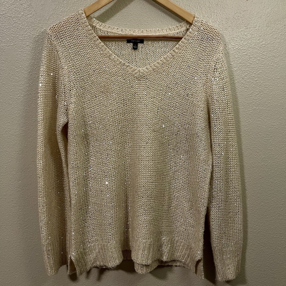 Apt 9 Sequin Sweater Semi Open Knit Mesh Beige V- Neck Glam Elegant Dressy Sz L‎